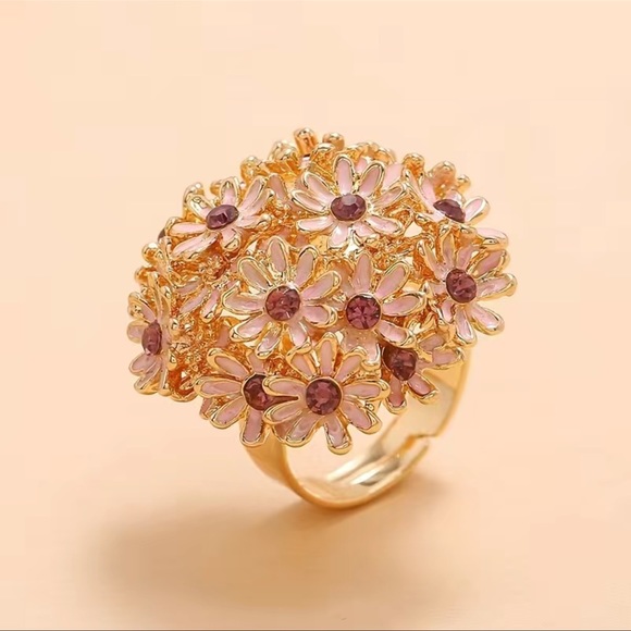 Vintage Pink Daisy Flower Gold plated Ring - Picture 2 of 9